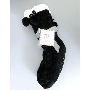 Crown & Ivy Slipper Socks Black Fleece Gripper Bottom One Sz Fits Most Pom Poms